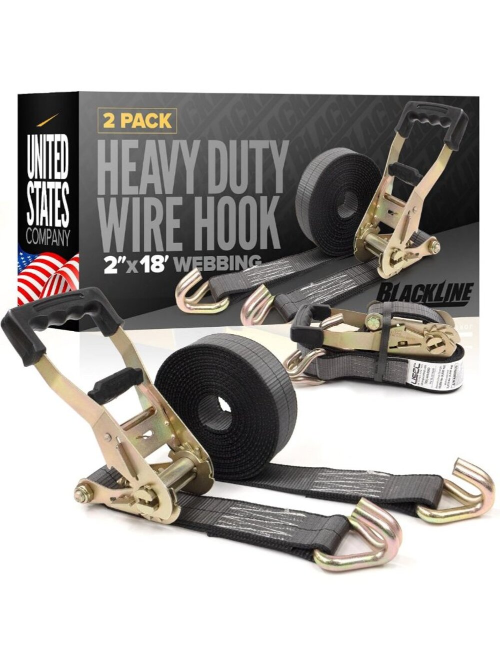 Heavy Duty 2" x 18' Ratchet Straps (2-Pack) with Double J Hooks, 13,000 LBS